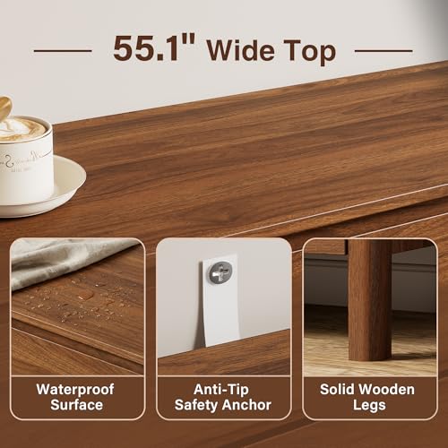 Furniway 55" Mid-Century Modern Dresser for Bedroom, 6 Drawer Wide Chest of Drawers with Wood Legs, Large Storage Bedroom Dresser, Walnut - size: 15.7"D x 55.1"W x 31.5"H (6 Drawers)