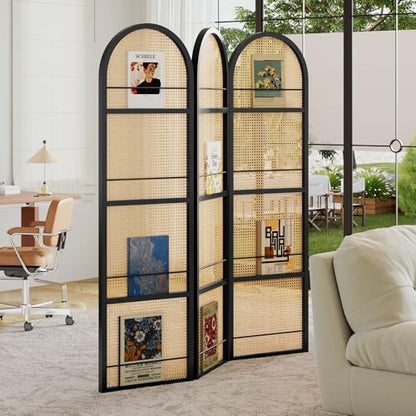 Rattan Room Divider with Bookshelf,Foldable Privacy Screen Partition,Wooden Frame,Natural Portable for Living Room,Bedroom Home,Office Reading Nook (Black, 3 Panels) - color: Black