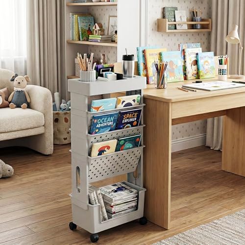 5-Tier Rolling Bookshelf Magazine Rack with Wheels Gray | Mobile Bookcase, Book Storage File Folder Organizer Cart for Home Study Office Living Room Classroom - color: Grey, size: 5-Tier 30.5"H