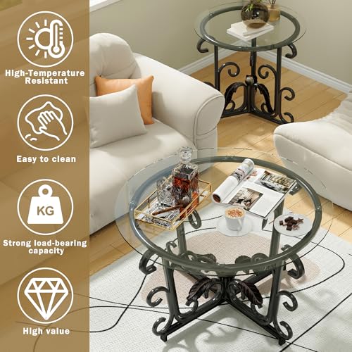 Glass Coffee Table Set of 3 — 31.5" Round Nesting Coffee Table with 2 End Tables, Tempered Glass Top & Wrought Iron Scroll Frame for Living Room, Apartment, Patio, Sunroom