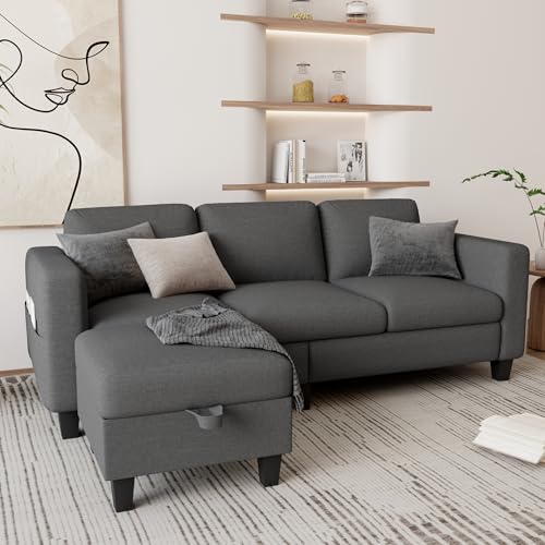 Couches for Living Room 3 Seats L Shaped Sofa with Storage Movable Ottoman | 78"Modern Linen Grey Couch 3 Seater Sofas with Chaise for Studio Apartment Office Basement Small Space, Easy Assembly - color: Dark Grey