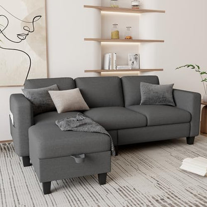 Couches for Living Room 3 Seats L Shaped Sofa with Storage Movable Ottoman | 78"Modern Linen Grey Couch 3 Seater Sofas with Chaise for Studio Apartment Office Basement Small Space, Easy Assembly - color: Dark Grey