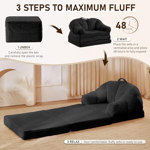 wanan Folding Sofa Bed, 3-in-1 Convertible Boneless Couch with Handle, Floor Lounger & Sleeper Chair for Adults, Comfy Folding Couch Single Sofa for Living Room Bedroom, Black - color: Black