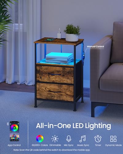SONGMICS BELLAH Collection - Nightstand with Charging Station and App-Controlled Adjustable LED Lights, Bed Side Table, 2 Drawers and 1 Open Shelf, Industrial, Rustic Brown and Ink Black ULGS302KD01S - color: Rustic Brown + Ink Black, size: 2 Drawers