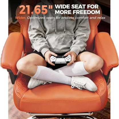 COMHOMA Big and Tall Office Chair with Upgrade Footrest, Heavy Duty Gaming Chair High Back Executive Chair with Spring Lumbar Support for Lower Back Pain Relief, 150°Reclining Adjustable Armrests - color: Orange