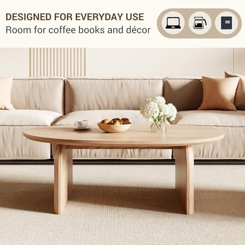 Honyee Modern Oval Coffee Table, Small Coffee Tables for Living Room - Oak Wood Top with Solid Legs, Wooden Center Table Easy Assembly for Living Room &Bedroom,Office, Natural - size: 39.3 inches x 23.6 inches x 16.5 inches