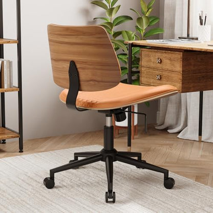 Modern Armless Office Chair with Wheels, Wide Seat Walnut, Brown | Adjustable Swivel Desk Chair with Mid Back & Tilt Function, Faux PU Leather Mid Century Modern Task Office Chair, 300LBS Cap - color: Brown, size: MCM Style Wide Seat