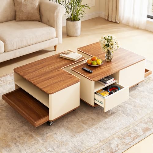 Modular Coffee Table Set of 2 with Wheels, L-Shape Convertible Wood Center Table with Drawer, Modern Nesting Small End Tables for Living Room Apartment, Space Saving Flexible Layout