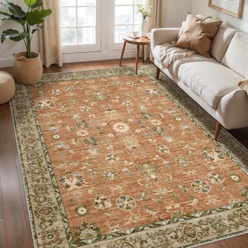 Tangsoo 3x5 Washable Area Rug,Vintage Terracotta Floral Throw Rugs Non Slip | Boho Farmhouse 3 x 5 Area Rug for Bedroom Entryway Office,Soft Low Pile Carpet Indoor Mat for Living Room Laundry Nursery - color: Terracotta Tangerine, size: 3' X 5' (Rectangul
