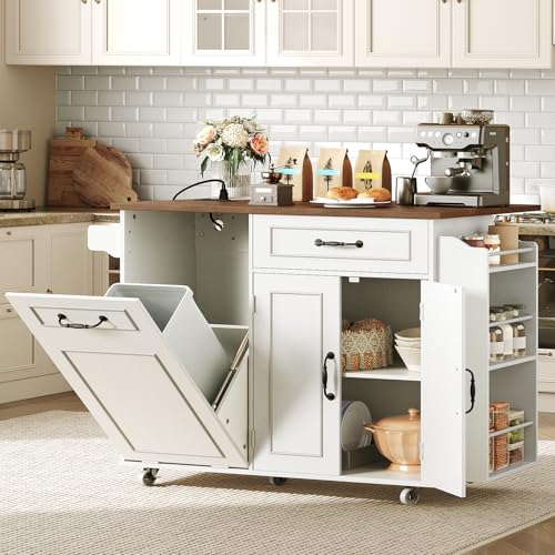 Kitchen Island with Power Outlet & Drop Leaf, Mobile Rolling Cart with Trash Can Storage, 3-Tier Spice Rack, Island Table for Kitchen, Dining Room, White and Walnut - color: White + Walnut