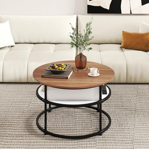 Tangkula Lift Top Coffee Table, 31.5” Round Center Table with Hidden Compartment & Side Shelves, 2-Tier Small Accent Cocktail Table for Small Spaces, Living Room, Apartment (Brown & White) - color: Brown & White