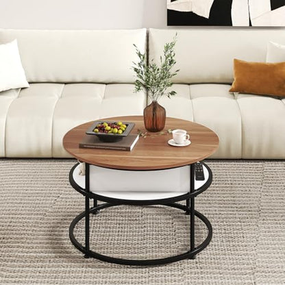 Tangkula Lift Top Coffee Table, 31.5” Round Center Table with Hidden Compartment & Side Shelves, 2-Tier Small Accent Cocktail Table for Small Spaces, Living Room, Apartment (Brown & White) - color: Brown & White