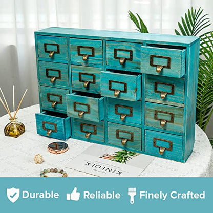Teal 16-Slot Wooden Drawer Unit - Country Style Desk Organizer Box - 20"x3.6”x14” Wooden Storage Box w/ 16 Drawers - Countertop Drawers w/Label Holder & Handle - Slim 4-Level Desk Organizer - color: 16 Drawer Turquoise Teal