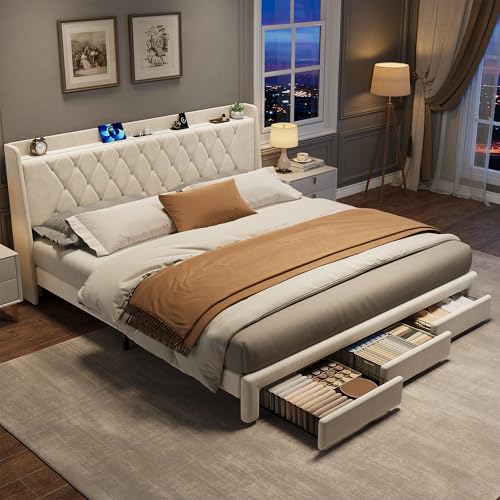 Garvee King Size Bed Frame with Storage, Velvet Upholstered Platform Bed Frame with Crystal Tufted Headboard, Charging Station, 3 Drawers, No Box Spring Needed, Noise-Free,for Bedroom, Ivory | Velvet Upholstered Platform Bed Frame with Crystal Tufted Head