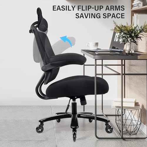 500lbs Big and Tall Office Chair - Heavy Duty Mesh Ergonomic Desk Chair with Headrest, High Back Computer Chair - Flip-up Armrests, Wide Thick Seat Cushion, Quiet Wheels, Black - color: Black With Headrest