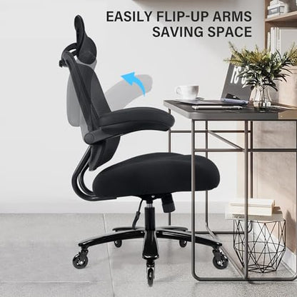 500lbs Big and Tall Office Chair - Heavy Duty Mesh Ergonomic Desk Chair with Headrest, High Back Computer Chair - Flip-up Armrests, Wide Thick Seat Cushion, Quiet Wheels, Black - color: Black With Headrest