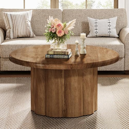 Tribesigns 31.5" Round Coffee Table for Living Room, Farmhouse Circle Center Cocktail Table with Fluted Drum Base, Wooden Living Room Furniture for Apartment, Small Space, Brown