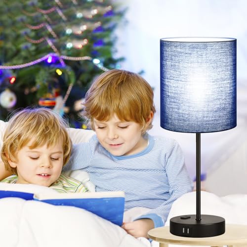 Lynnoland 2 Pack Touch Control Table Lamps with 2 USB & AC Outlet, 3-Way Dimmable Bedside Nightstand Lamps for Bedroom Living Room Nursery, 800 Lumens 5000K Daylight Bulbs Included - color: (2 Pack)Navy Blue & Black(Base)-5000K Bulbs Included