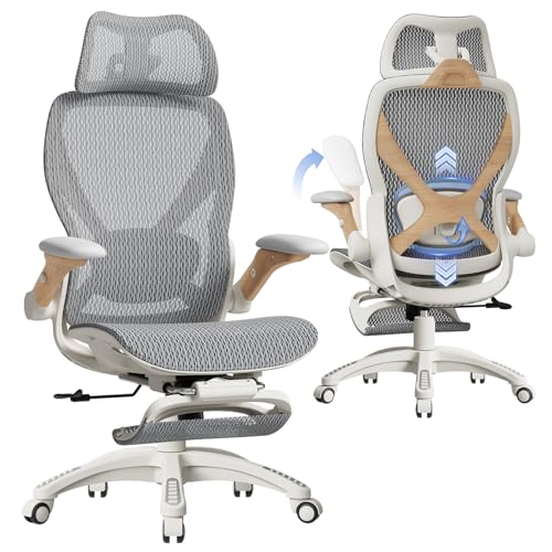 X100 Ergonomic Mesh Office Chair with Footrest, Big and Tall Home Desk Chair with 5D Flip-Up Arms, Adjustable 3D Lumbar Support, Gaming & Executive Computer Chair (Foggy Morning) - color: Foggy Morning