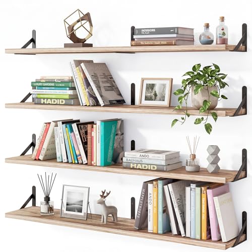 YGEOMER 35.4in Floating Shelves for Wall, Light Carbonized Brown Set of 4 | 35.4-inch wood shelves with metal brackets. Space-saving for books & decor. Fits bathroom, kitchen, living room & bedroom. - color: Light Carbonized Brown, size: 35inch Standard
