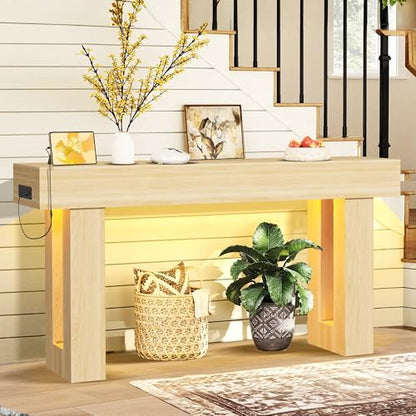 Grepatio 63 Inch Entryway Console Table, Wood Entry way Table with LED Light, Long Console Table with USB Power Outlet, Narrow Sofa Behind Couch Tables for Entrance, Hallway, Living Room (LED Natural) - color: Led Natural