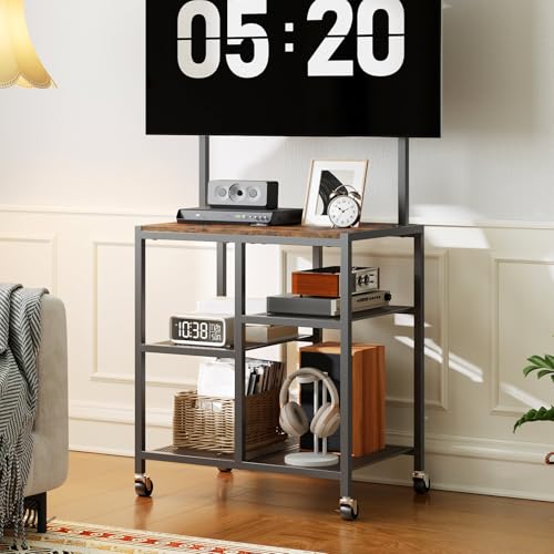 HOOBRO Small TV Stand with Wheels and Mount for 50 Inch TVs, Mobile Rolling TV Stand with Storage Shelves, Small Entertainment Center, for Living Room, Bedroom, Study, Rustic Brown BF37DS01 - color: Rustic Brown + Black