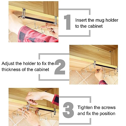 Mug Holder Under Cabinet for 1.18"- 1.96" Thickness Cabinet Base, 9 Hooks Cup Organizer Hanging Coffee Mug Rack Tea Cup and Utensil Hooks Drilling Free Mug Hanger Under Shelf