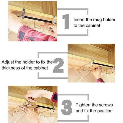 Mug Holder Under Cabinet for 1.18"- 1.96" Thickness Cabinet Base, 9 Hooks Cup Organizer Hanging Coffee Mug Rack Tea Cup and Utensil Hooks Drilling Free Mug Hanger Under Shelf