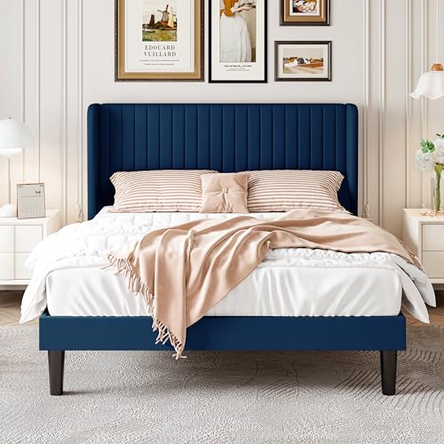 SHA CERLIN Queen Size Velvet Bed Frame, Tufted Wingback Headboard, Blue | 47'' Modern Vertical Channel Headboard, Upholstered Platform Bed, Wood Slats, No Box Spring Needed, Easy Assembly, Noise Free - color: Blue, size: Queen