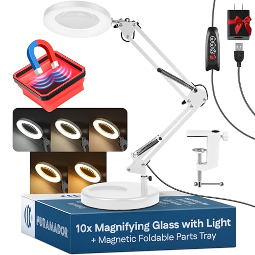 10X Magnifying Lamp - Desk Magnifying Glass with Light, Lighted Magnifying Glass with Stand, Magnifying Light, 5 Color Modes, 2 Mounting Options, USB Cable, Adapter & Magnetic Tray, White - color: White
