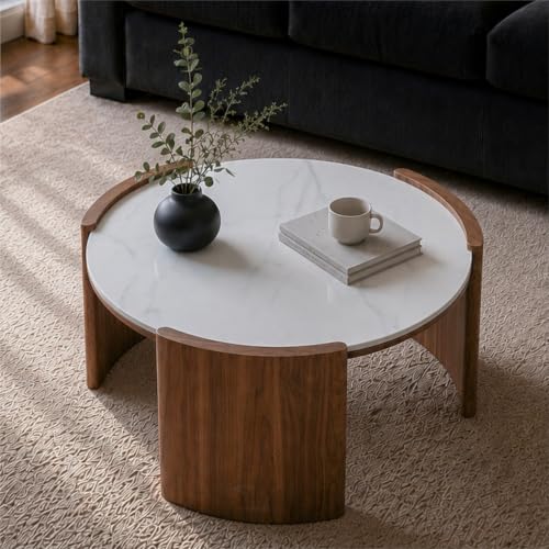KEIKI 31.5" Round Sintered Stone Coffee Table, Glossy White Marble Look Center Table with Thick Slab Legs, Modern Circular Cocktail Table for Living Room, Apartment, Walnut White Marble - color: Walnut White Marble
