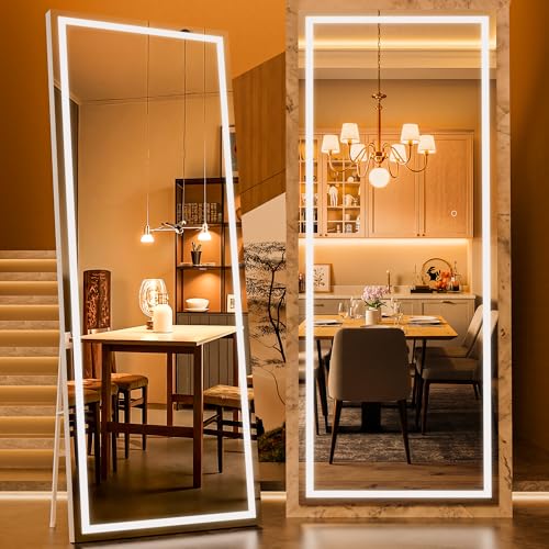 71" x 28" Full Length Mirror with Lights, LED Lighted Floor Standing Body Mirror, Dimmable & 3 Color Lighting for Bedroom, Cloakroom, Dressing Room, Tempered Glass, White Frame - color: White, size: 71"L x 28"W