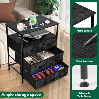 3-Drawer LED Nightstand Set 2 with Charging Station, Black | Engineered Wood and Steel, 2 AC and 2 USB ports, 24 Inch Wide, RGB App Control, Fabric Drawers, Open Storage Shelf - color: Black, 2 Pack