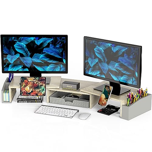 Simple Houseware Desk Dual Monitor Stand Riser with Drawer, Maple | Customizable Organizer Tray, Built-In Phone & Tablet Slot and Side Storage - color: Maple
