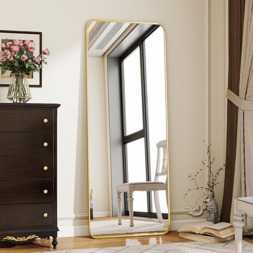 BEAUTYPEAK 56" x 21" Rounded Corner Full Length Mirror with Stand, Gold | Aluminum Alloy Frame with Standing, Leaning, or Wall-Mounted, Ideal for Bedroom, Dressing Room, Entryway, and Living Room - color: Gold, size: 56"L x 21"W