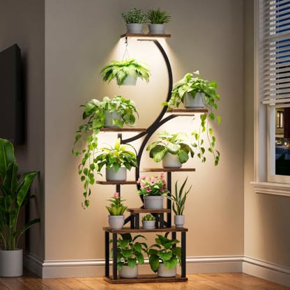 BACEKOLL Plant Stand Indoor with Grow Light, 8 Tier Corner Plant Shelf Tall | 62" Lighted Flower Holder for Plant Multiple, Space-Saving Beautiful Display Growing Rack for Home Patio, Sturdy Metal, Brown