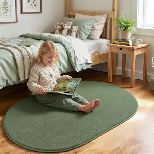 Soft Oval Rugs for Bedroom Living Room, 3x5 Sage Green Bedside Rug | Thickened Memory Foam Rug with Upgraded Non-Slip Silicone Backing, Fluffy Washable Rug for Boys Girls Dorm Nursery Room Decor - color: Sage Green, size: 3' x 5' (Oval)