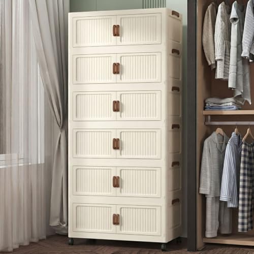 535QT Modular Stackable Storage Cabinet, Rolling Lidded Storage Containers with Wheels, Collapsible Drawer Storage Bins for Clothes, Toys, Bedroom, Dorm Room Organization, Cream White（6 Pack） - size: 6 Pack 27 L x 15 W x 78 H