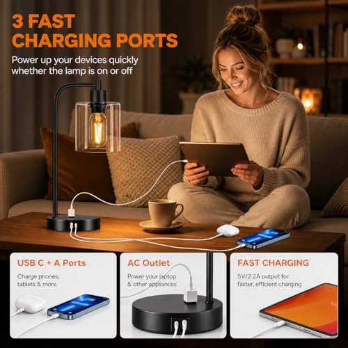 Set of 2 Industrial Touch Control Table Lamps with USB C+A Ports and AC Outlet - 3-Way Dimmable Black Bedside Lamps Nightstand Desk Lamps for Bedroom Living Room, Glass Shade & 2 LED Bulbs Included - color: Black(2 pack) - Clear Glass-Touch Control