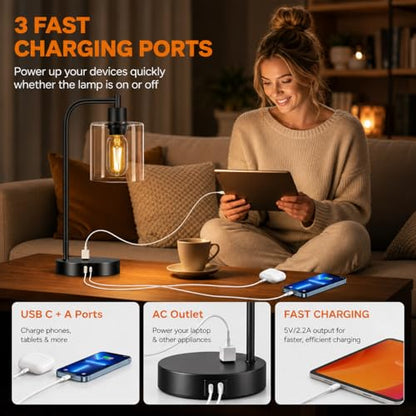 Set of 2 Industrial Touch Control Table Lamps with USB C+A Ports and AC Outlet - 3-Way Dimmable Black Bedside Lamps Nightstand Desk Lamps for Bedroom Living Room, Glass Shade & 2 LED Bulbs Included - color: Black(2 pack) - Clear Glass-Touch Control