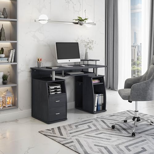Techni Mobili 47" Computer Desk w/Drawers,Storage & Printer Shelf,Espresso | 47" desk with drawers, printer shelf, pull‑out keyboard tray, open storage, sturdy frame, spacious workstation home office
