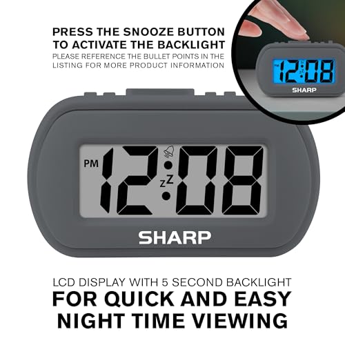 Sharp Battery Alarm Clock, Soft-Touch Case and Backlight, Charcoal Black | Soft-touch rubberized case; Battery operated; Blue backlight on demand; Ascending alarm; Snooze; Easy to use - color: Charcoal Black