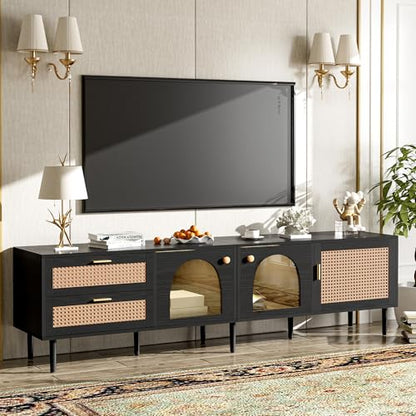 Modern Black Rattan TV Stand for TVs up to 80 inch, 71 in Entertainment Center with 3 Cabinets and 2 Drawers, Media Console with LED Lights and Cable Management for Living Room or Home Theater - color: Black-y