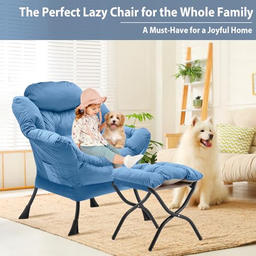 Youtanic Lazy Chair with Folding Ottoman, Accent Chair Velvet Upholstered with Metal Structure and Non-Slip Pads, Sofa Armchair with Footrest and Side Storage Bag for Dorm, Room, Office, Light Blue - color: Light Blue