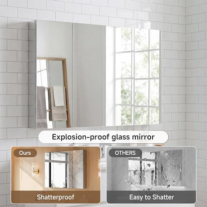 40" x 30" Bathroom Medicine Cabinet with Mirror, Recessed or Wall Mount | Medicine Cabinets with Adjustable Glass Shelves, Soft-Closed Hinge, Chrome Aluminum Frame, Reverse Installation - size: 40" x 30"