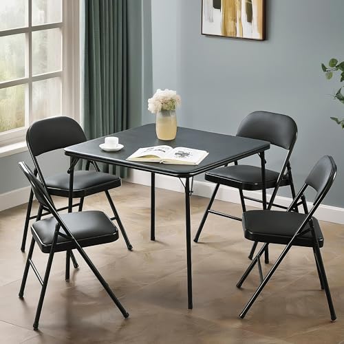 VECELO Folding Card Table and Chair Set of 5 Portable with Padded Tabletop, No Assembly Required, Black - color: Black, style: Table & 4 Chairs