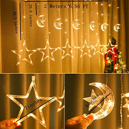 FUCHSUN 138 Led Curtain String Lights Ramadan Icicle Light, Crescent Star | 8 Lighting Modes Timer, Dimmable Fairy Hanging Lights for Window Wall Home Decoration, USB Operated, Warm White - size: Crescent and Star