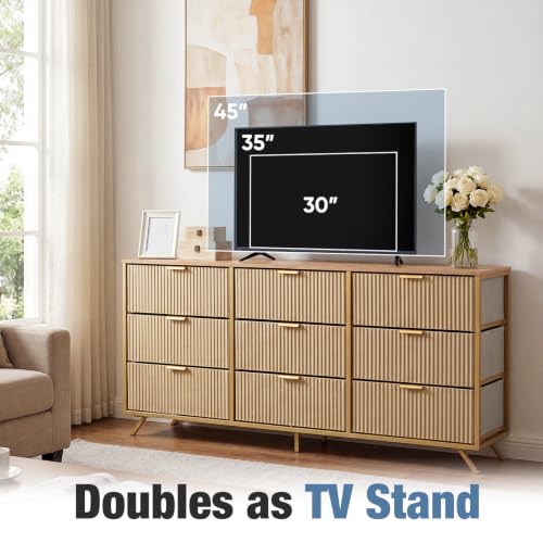 DUMOS Fabric Fluted Dresser, Modern Chest of 9 Fabric Drawers for Bedroom, Large Dressers with Metal Frame & Wooden Top, Storage Organizer Closet for Living Room, Entryway, Natural Oak