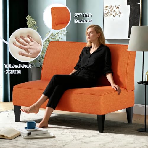 Small Loveseat, Orange Mini Sofa Couch Accent Upholstered Bench with Back Living Room Bedroom Office Armless Love Seat Settee - color: Orange