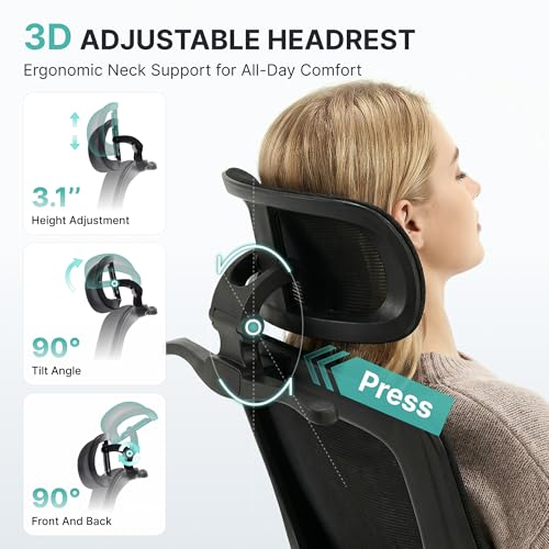 Ergonomic Office Chair 330 lbs, High Back Mesh Computer Chair with Adjustable LumbarSupport, 3D Adjustable Headrest, Flip-Up Armrests for Home Office Desk